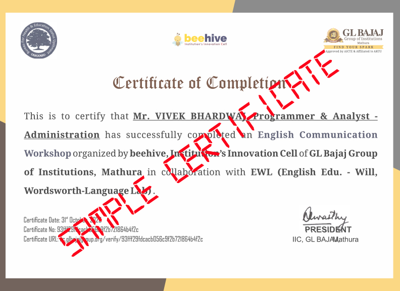 Sample Certificate - English Communication | beehive, GL BAJAJ, Mathura